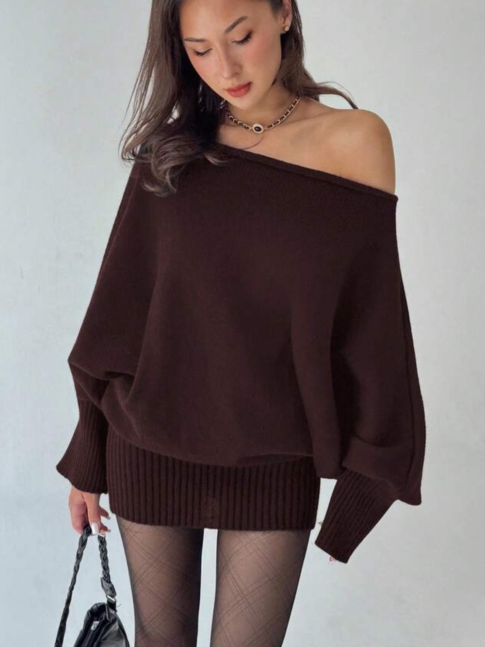 Brown,Winter,Elegant,Date,Night Out Y2K Asymmetric Shoulder Long